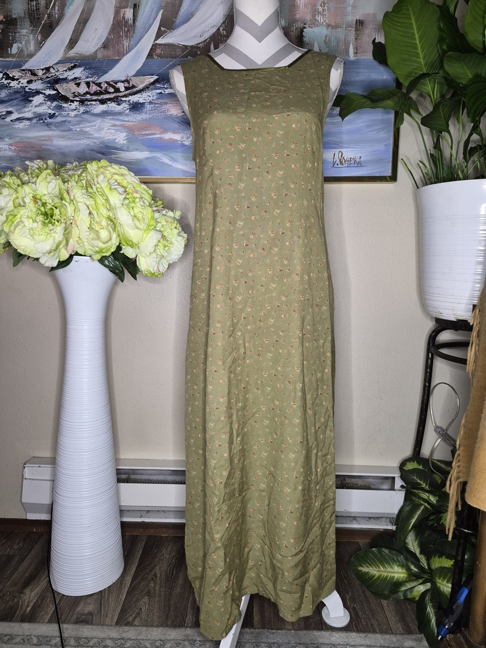 April Cornell Sleeveless Olive Green Maxi Dress with Subtle Floral Print